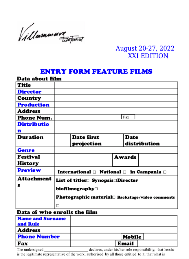 Entry Form Feature Films 2022