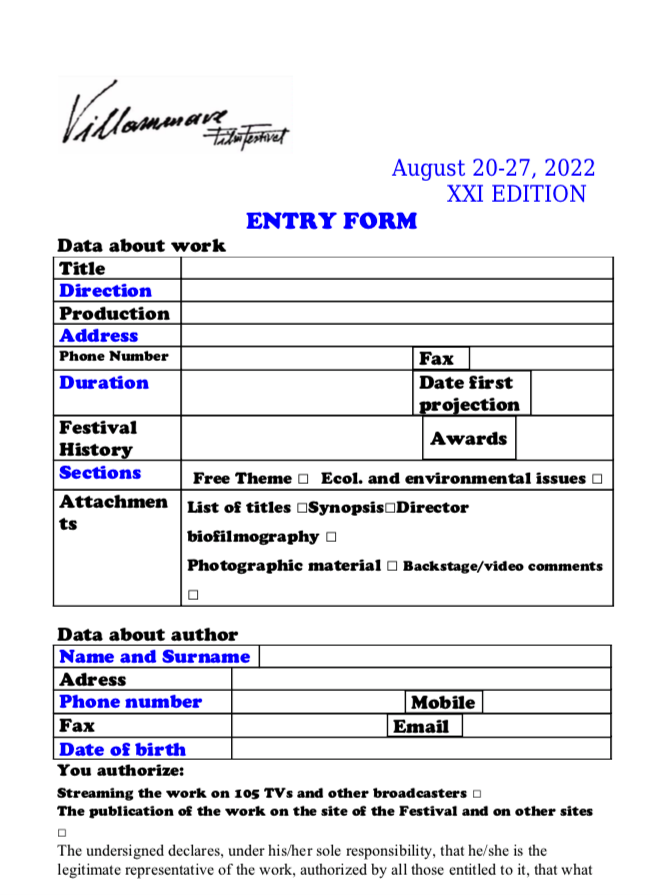 Entry Form Short Film 2022